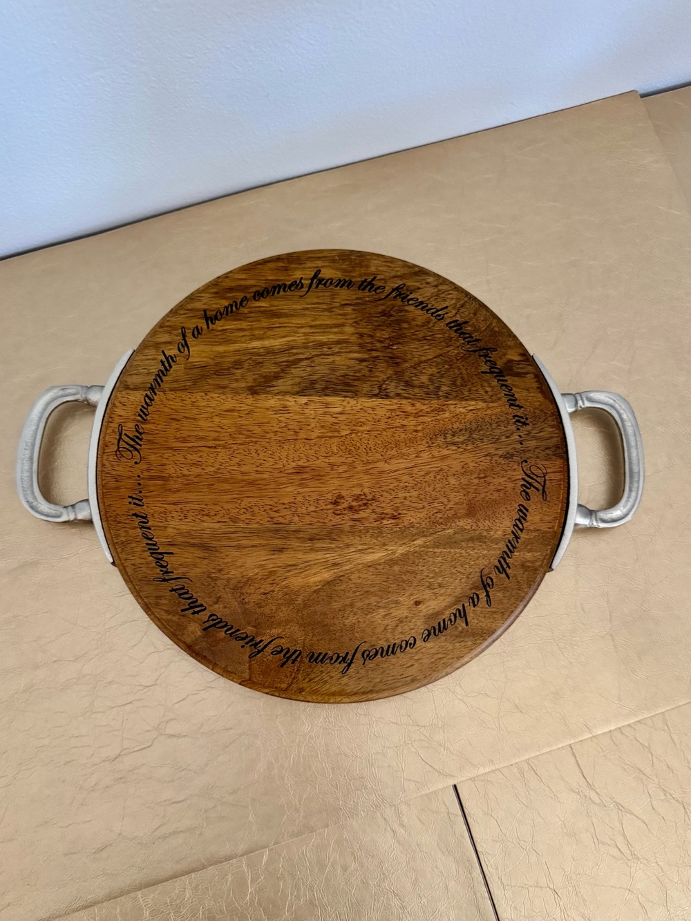 Mud Pie Round Wooden Serving Tray with Script and Silver Handles